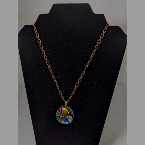 Artisan Dichroic glass pendant and gold plated chain 1 3/8" x 19" chain - Picture 2 of 8